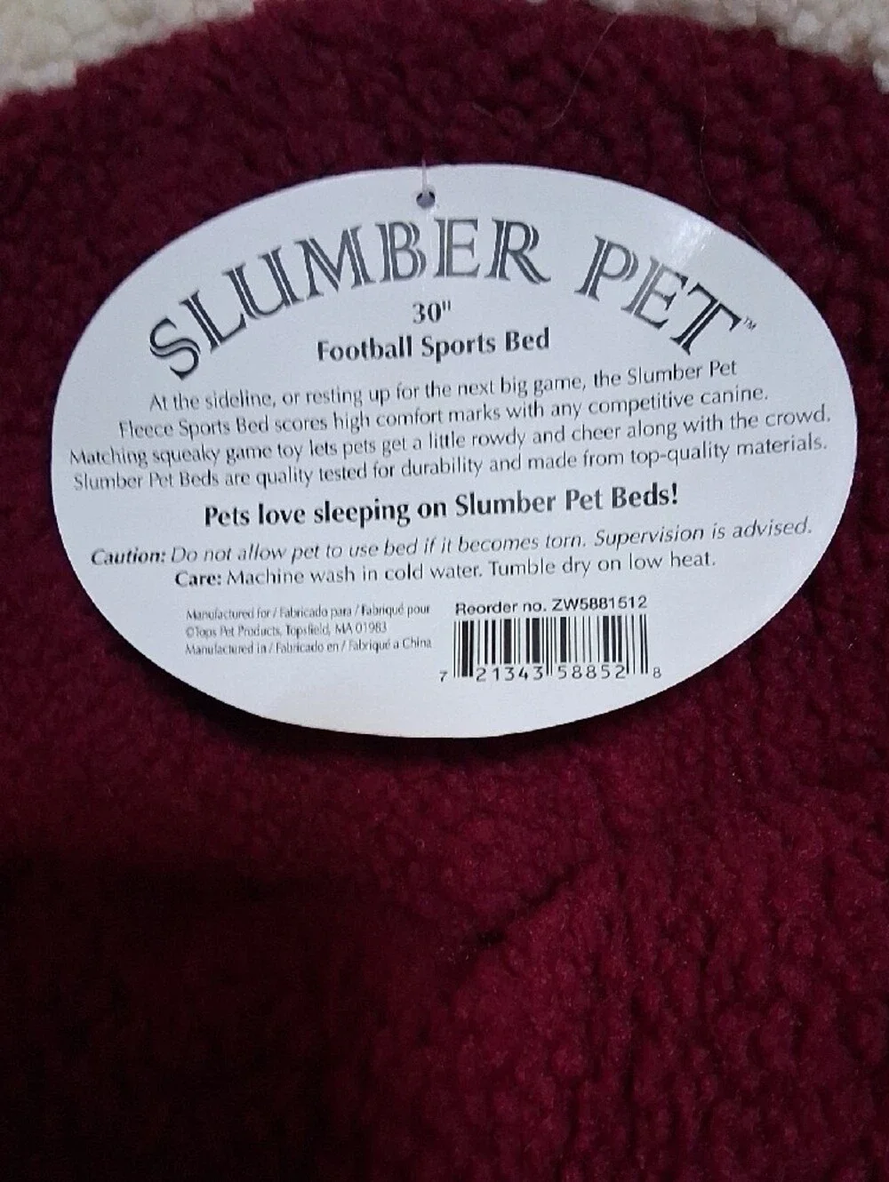 Plush Round Dog Bed in Burgundy and Cream